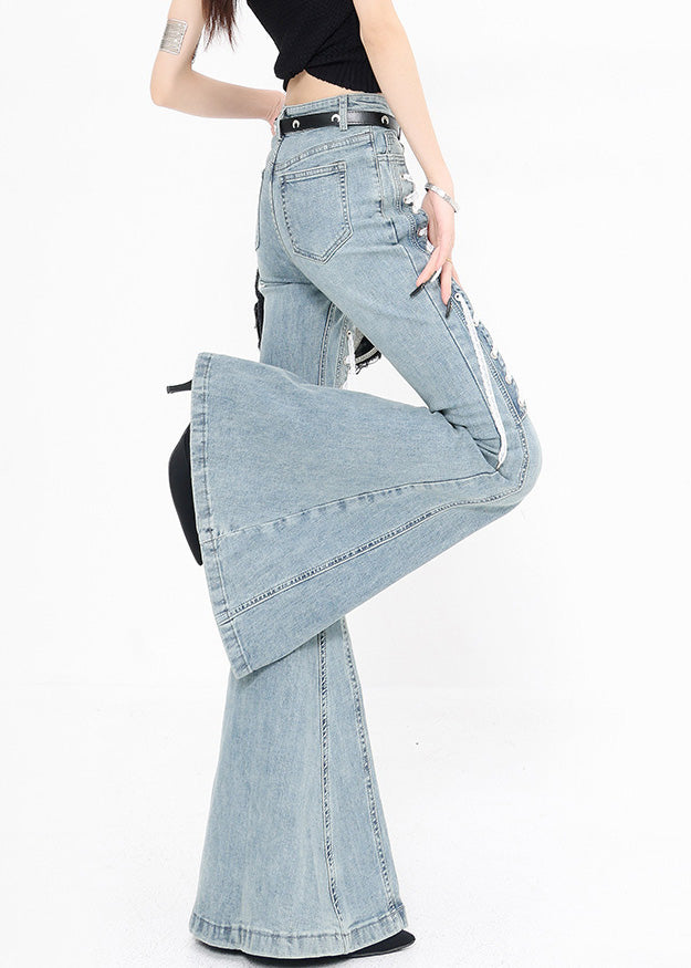Original Design Blue Lace Up High Waist Denim Flared Trousers Fall
