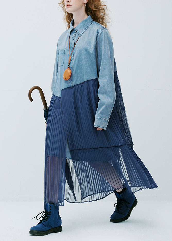 Original Design Blue Peter Pan Collar Patchwork Denim Shirts Dress Autumn