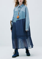 Original Design Blue Peter Pan Collar Patchwork Denim Shirts Dress Autumn