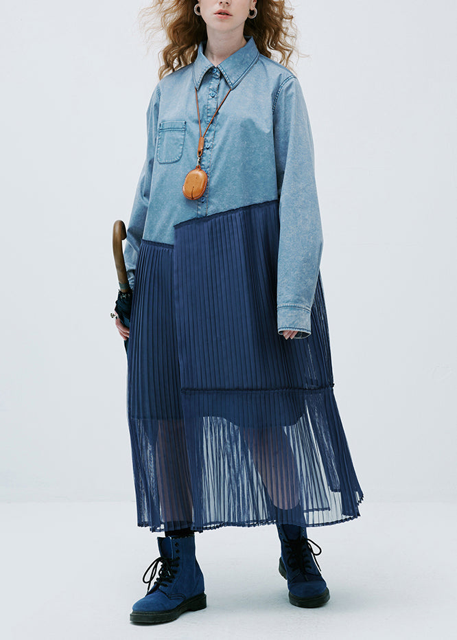 Original Design Blue Peter Pan Collar Patchwork Denim Shirts Dress Autumn