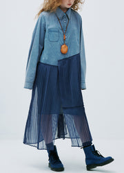 Original Design Blue Peter Pan Collar Patchwork Denim Shirts Dress Autumn
