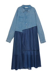 Original Design Blue Peter Pan Collar Patchwork Denim Shirts Dress Autumn