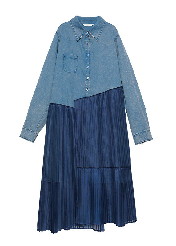 Original Design Blue Peter Pan Collar Patchwork Denim Shirts Dress Autumn