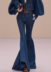 Original Design Blue Pockets High Waist Denim Flared Trousers Fall