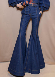 Original Design Blue Pockets High Waist Denim Flared Trousers Fall