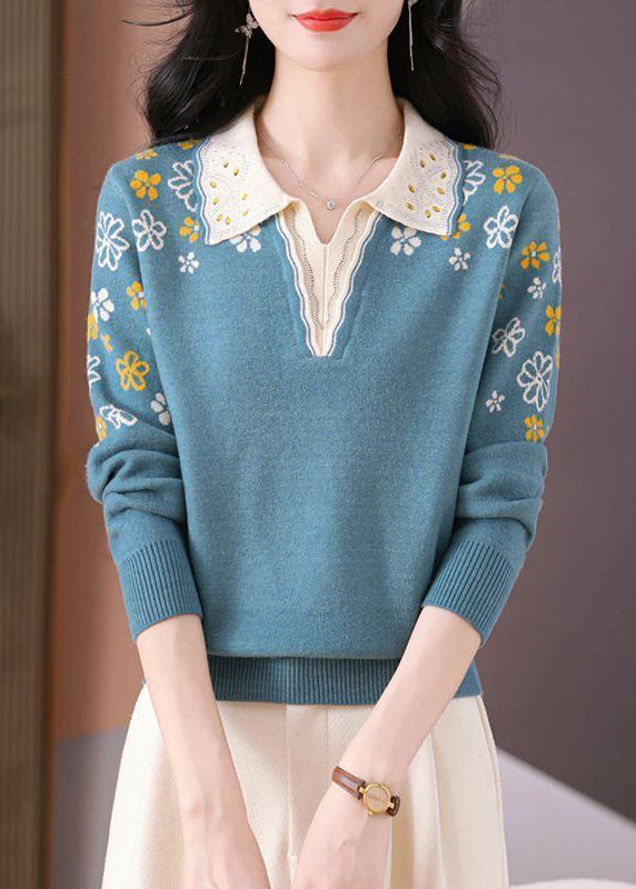 Original Design Blue Print Nail Bead Warm Cotton Knit Sweater Top Fall