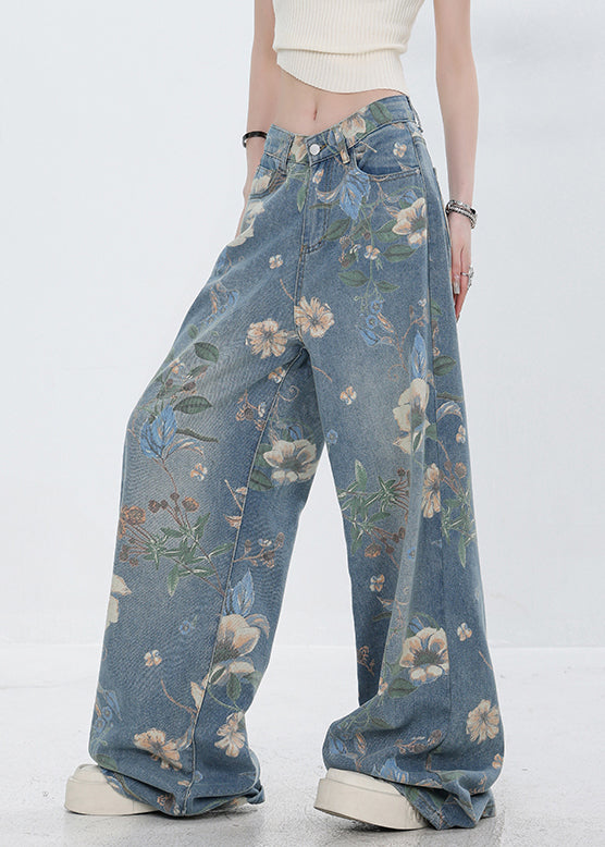 Original Design Blue Print Pockets Denim Pants Fall