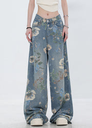 Original Design Blue Print Pockets Denim Pants Fall