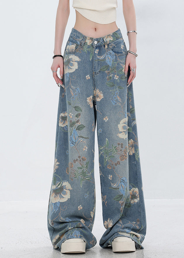 Original Design Blue Print Pockets Denim Pants Fall