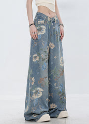 Original Design Blue Print Pockets Denim Pants Fall