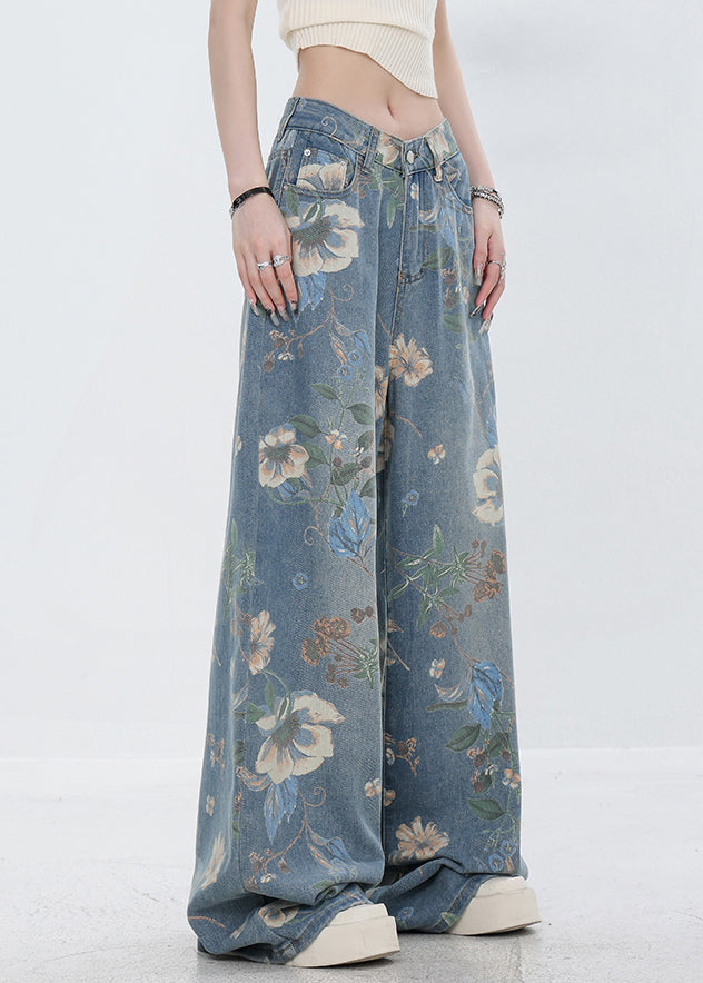 Original Design Blue Print Pockets Denim Pants Fall