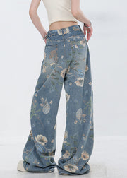 Original Design Blue Print Pockets Denim Pants Fall