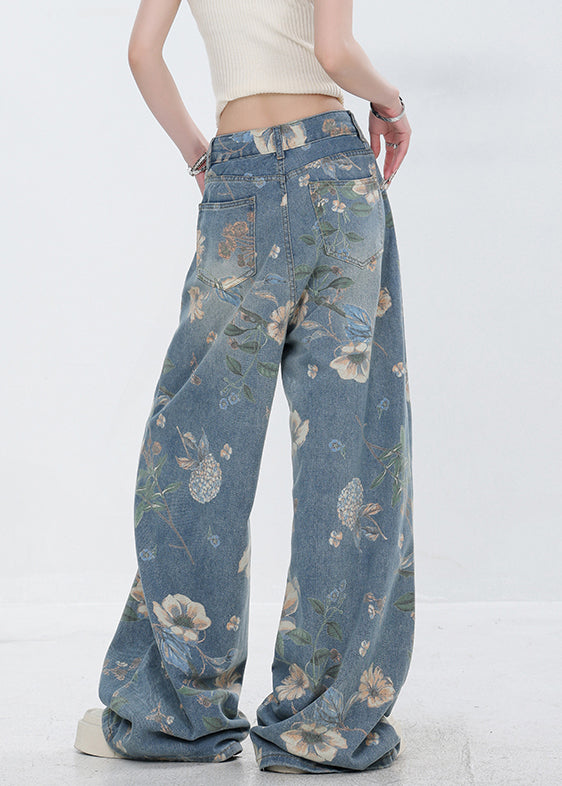 Original Design Blue Print Pockets Denim Pants Fall