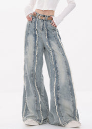 Original Design Blue Raw Edge High Waist Denim Pants Fall