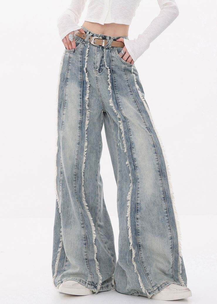 Original Design Blue Raw Edge High Waist Denim Pants Fall
