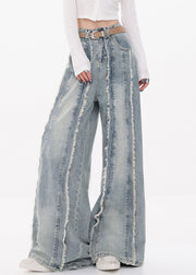 Original Design Blue Raw Edge High Waist Denim Pants Fall