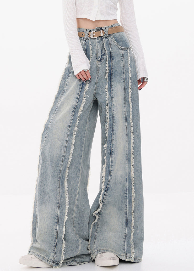 Original Design Blue Raw Edge High Waist Denim Pants Fall