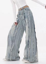Original Design Blue Raw Edge High Waist Denim Pants Fall
