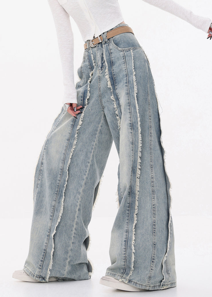Original Design Blue Raw Edge High Waist Denim Pants Fall