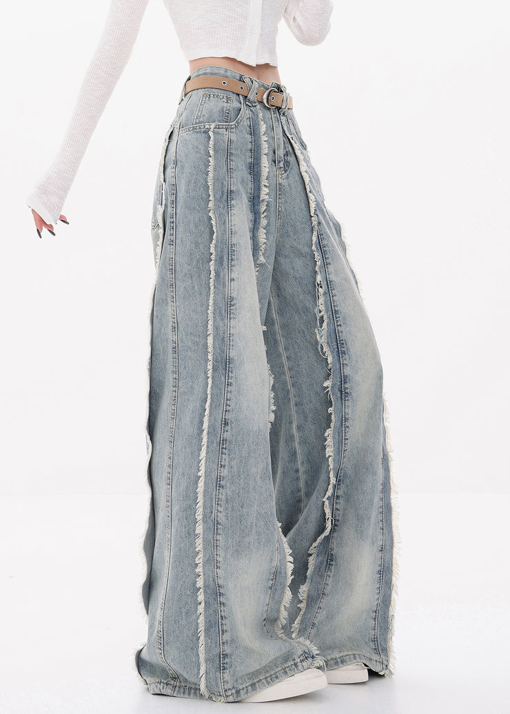 Original Design Blue Raw Edge High Waist Denim Pants Fall