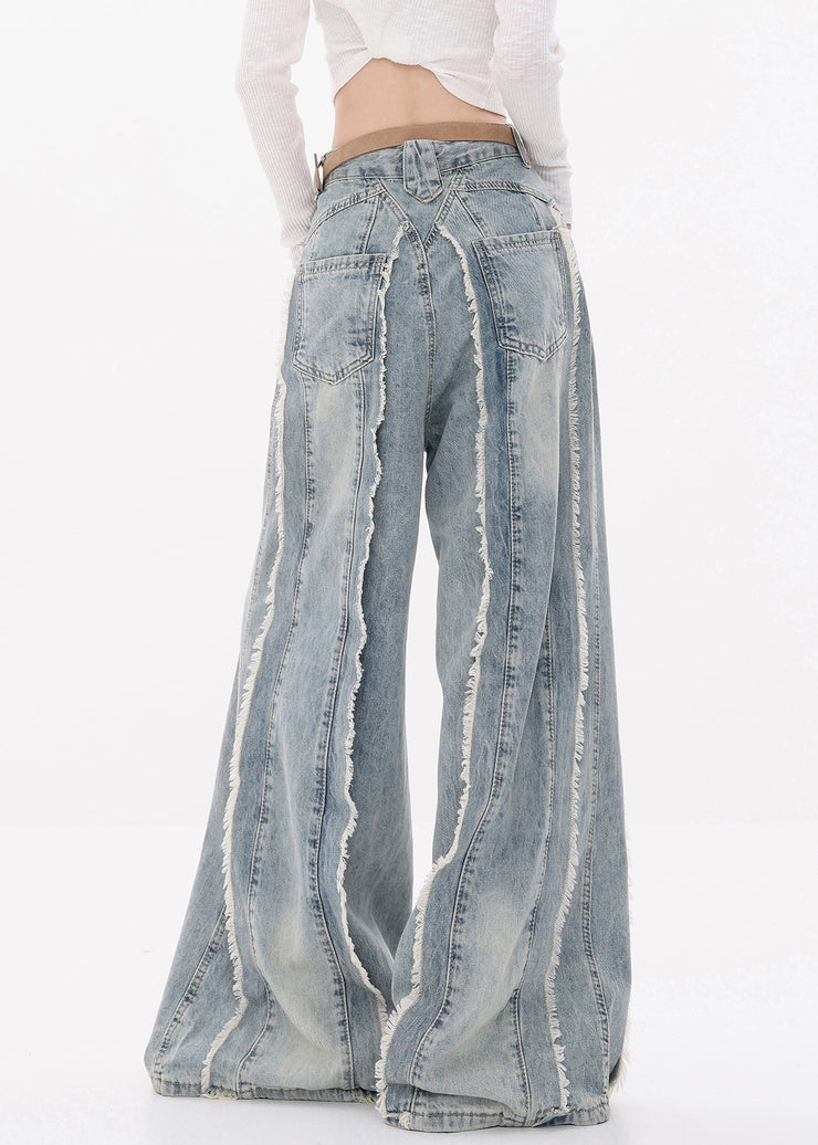 Original Design Blue Raw Edge High Waist Denim Pants Fall