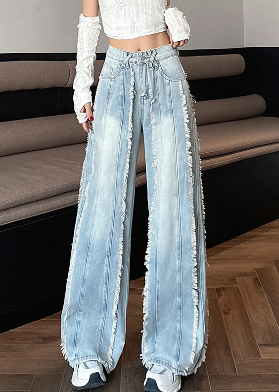 Original Design Blue Raw Edge Pockets High Waist Denim Pants Fall