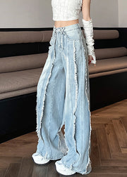 Original Design Blue Raw Edge Pockets High Waist Denim Pants Fall