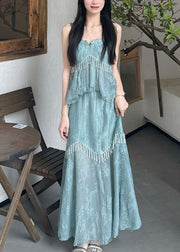 Original Design Blue Ruffled Tasseled Chiffon Three Pieces Set Summer