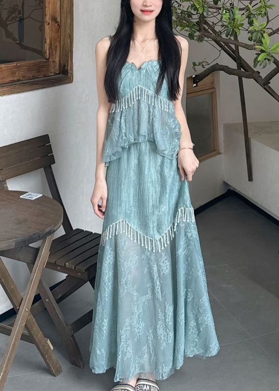 Original Design Blue Ruffled Tasseled Chiffon Three Pieces Set Summer
