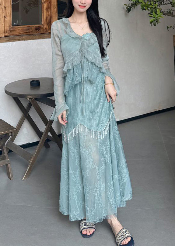 Original Design Blue Ruffled Tasseled Chiffon Three Pieces Set Summer
