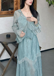 Original Design Blue Ruffled Tasseled Chiffon Three Pieces Set Summer