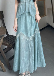 Original Design Blue Ruffled Tasseled Chiffon Three Pieces Set Summer