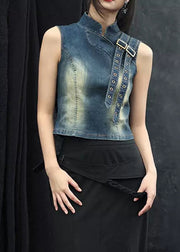 Original Design Blue Stand Collar High Waist Denim Waistcoat Sleeveless