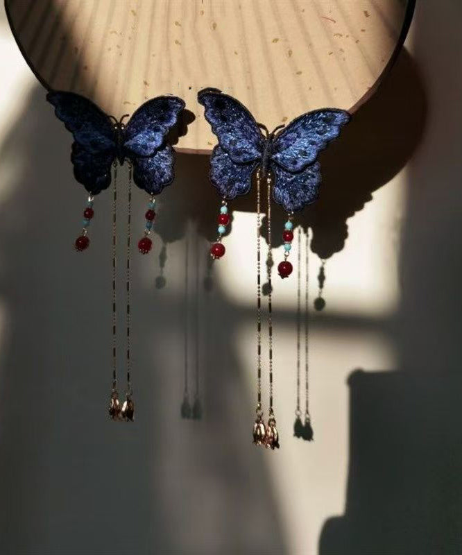 Original Design Blue Sterling Silver Overgild Embroidery Butterfly Tassel Hairpin