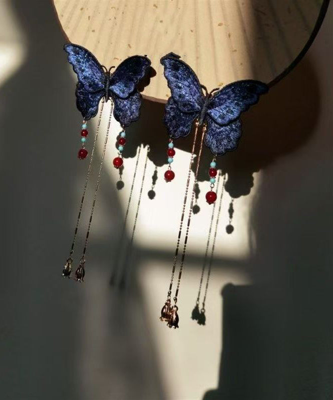 Original Design Blue Sterling Silver Overgild Embroidery Butterfly Tassel Hairpin