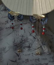 Original Design Blue Sterling Silver Overgild Embroidery Butterfly Tassel Hairpin