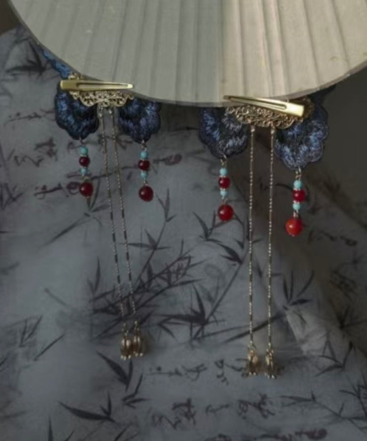 Original Design Blue Sterling Silver Overgild Embroidery Butterfly Tassel Hairpin