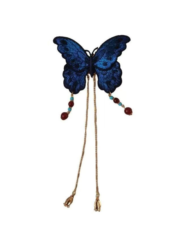 Original Design Blue Sterling Silver Overgild Embroidery Butterfly Tassel Hairpin