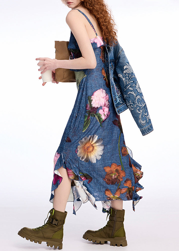 Original Design Blue V Neck Print Denim Spaghetti Strap Dress Sleeveless