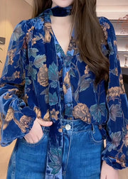 Original Design Blue V Neck Print Silk Velour Shirt Fall