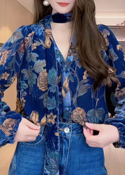 Original Design Blue V Neck Print Silk Velour Shirt Fall