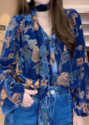 Original Design Blue V Neck Print Silk Velour Shirt Fall