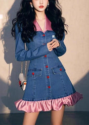Original Design Blue Wrinkled Patchwork Denim Mid Dress Fall
