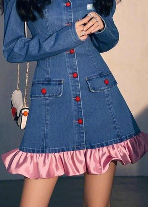 Original Design Blue Wrinkled Patchwork Denim Mid Dress Fall