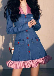 Original Design Blue Wrinkled Patchwork Denim Mid Dress Fall