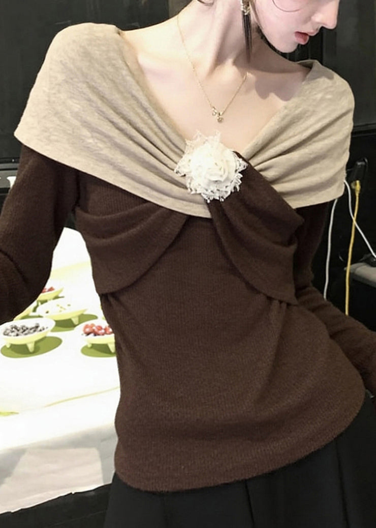 Original Design Brown Floral Patchwork Knit Sweaters Fall