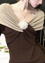 Original Design Brown Floral Patchwork Knit Sweaters Fall