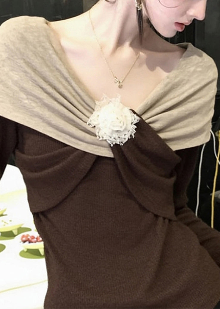 Original Design Brown Floral Patchwork Knit Sweaters Fall