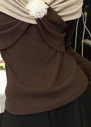 Original Design Brown Floral Patchwork Knit Sweaters Fall