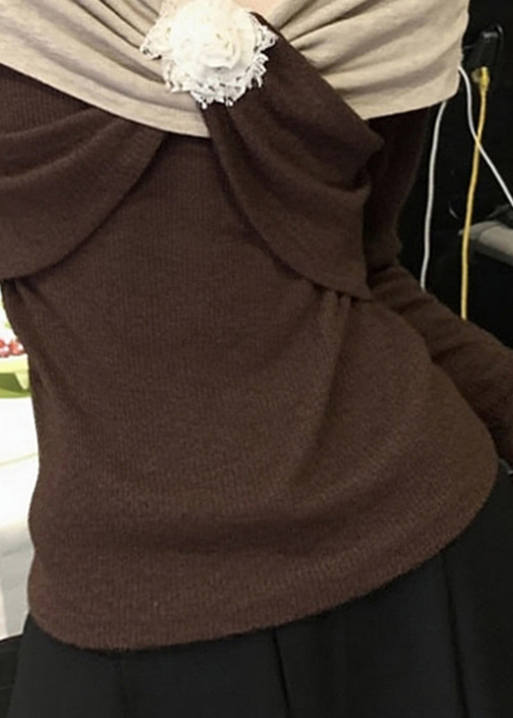 Original Design Brown Floral Patchwork Knit Sweaters Fall